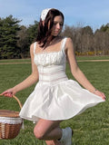 2023 Summer Sweet Lace Trim A Line Dress White Women Holiday Garden Party Dresses Elegant Square Neck Dress