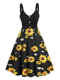 Print Mock Button Cami A Line Dress Short High Waist Dresses Women Summer Beach Elegant Robe