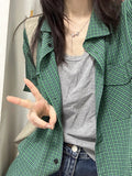 Summer Short Sleeve Plaid Loose Women Blouse Y2k Aesthetic All Match Single Breasted Blusas Fashion Harajuku Pocket