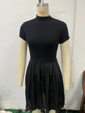 Zingj Parquet Small Turtleneck Dress Short Sleeve Pleated Knit Elegant Pure Color Slim Mini Dress Woman-Outfit