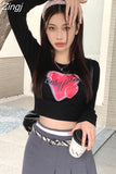 Heart Print Slim Sexy O Neck Camisetas Korean Fashion Women Crop Tops Tees Long Sleeve Tshirts Y2k High Waist