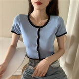 2021 Summer New Round Neck Color Matching Lady Temperament Ruffle Sweet Navel Short Knitted T-shirt Top Women