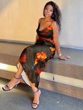 Women Vintage Dress Fire Print Backless Elegant Sleeveless Lace Up Summer 2021 Streetwear Party Female Midi Cami
