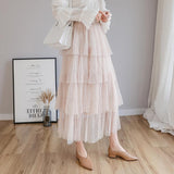 Spring New Sweet Cake Layered Long Mesh Skirts Princess High Waist Ruffled Vintage Tiered Tulle Pleated ins