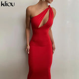 Cut Out Sexy Midnight Clubwear Maxi Dresses Solid One Shoulder Birthday Outfit For Women Slim Bodycon Party
