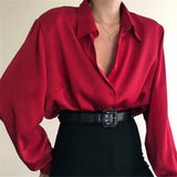 Fashion Autumn Women Blouse Shirt Lapel Long Sleeve Solid Black Red Ladies Blouse For Women Female Top