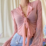 Zingj Girl Long Sleeve T-Shirt Female New Outside Wear V-Neck Perspective Strap Exposed Navel Slim Slim Cardigan Horn Sleeve Jacket-Outfit