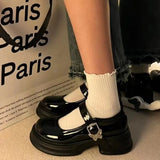 Zingj High Heel Mary Jane Shoes Female 2024 New Retro One-Word Button Versatile Bow Thick Outsole Thick Heel Small Leather Shoes-Outfit