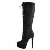 Onlymaker Women's Round Toe Stiletto Platform Zipper Knee High Boots16CM High Heel Pattern Lace Up Plus Size Boots For