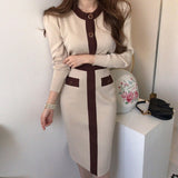 Autumn Korean Knitted Color-blocked Two Piece Sets Women Long Sleeve Cardigan + Elastic Waist Long Skirt Suits