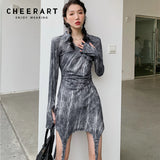 Designer Tie Dye Bodycon Cut Out Dress Gothic Long Sleeve Grey Fashion Asymmetrical Mini Dress For Women 2021