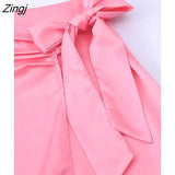 Women Fashion Pink Color Bow Tied Slim Sarong Midi Skirt Faldas Mujer Female Side Zipper Soft Satin Vestidos
