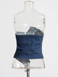 Hot Girls Wind Niche Design 2025 Autumn Style Wipe Chest Irregular Slim Jeans Patchwork Jacket