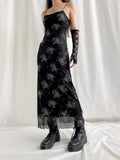 SUCHCUTE Grunge Fairycore Floral Print Midi Dress Women Dark Academia Gothic Long Dresses Harajuku Streetwear Sleeveless