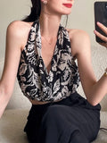 Floral Print Sleeveless Tank Top Women V-neck Halter Off Shoulder Vintage Beach Style Sexy Backless Tees Summer