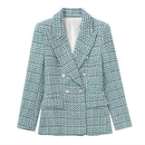 Women Fashion Tweed Blazer Jacket Double Breasted 2022 New Elegant Female Long Sleeve Chic Vintage
