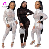 New Spring Women Sets Turtleneck Full Sleeve Mesh Bodysuit + Pants Suit 2 Piece Set Lace Sexy Night Club Tracksuits