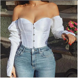 Sexy Off Shoulder Shirt Blouse Lady Girls Fashion Back Bandage Slim Bustier Female Leotard Corset Ladies' Solid Tops