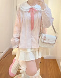 Sweet Preppy Fashion Lace Patchwork T-shirts Vintage Striped All Match Loose Tops Women Y2k Aesthetic Bow Japanese