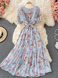 New Women French Style Pleated Maxi Dress Elegant Lady A-line Clothes Summer Female Holiday