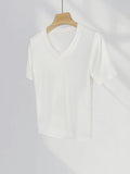 Zingj Grade Simple Classic High Gram Heavy Threaded Shoulder T-Shirt White V-Neck Short Sleeved Jacket Temperament Inside