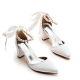 Cm Thick Heel Pointed Sandals With Shallow Female Sandals White Beaded Satin Cloth Bride High Heels Large