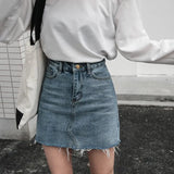 Casual High Waist Pencil Denim Skirts Women 2019 Summer Black Blue Solid Pockets Button All-matched Jeans