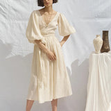 Fashion Cotton Linen Summer Women Dress Yellow Casual Puff Sleeve V-Neck Bandage Holiday Beach Party
