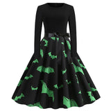 Women Pumpkin Print Party Dress Black Streetwear Gothic Long Sleeve O Neck Vintage Casual Robe Femme Halloween