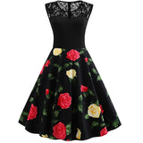 A Line Peony Flower 4XL Tunic Vintage Dress Women Lace Elegant Summer Ladies 40s 60s 50s Dresses Retro Party Black
