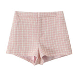 Pink Plaid Tweed Jacket And Shorts Set- Outfit