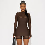 Women's Clothing Autumn 2025 New Solid Color Long-Sleeved Mesh Splicing Trousers Sling Dress