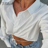2021 V Neck Orange Crop T Shirts Bandage Sexy Women Long Sleeve Summer Autumn Fashion Casual Top