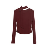 Ribbon Scarf Hanging Neck Long-Sleeved T-Shirt Girl 2024 Autumn Slim Thin Folded Bottom Shirt