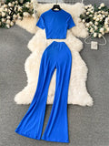 2024 Y2k Women Sets Short Skinny Crop Tops+Long Flare Pants Simple Style Fashion Streetwear Casual Two Pieces