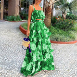 Spot 2025 Women's Fashion Holiday Wind Strap Top Print Flounce Skirt Two-Piece