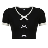 Girl Lace Lace Bow Stitching Small V-Collar Slim Short Navel T-Shirt 2024 New Style In Early