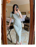 Women Summer Square Collar French Style Plaid Short Sleeve Holiday
