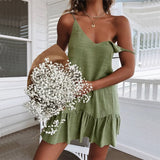 Spaghetti Strap Ruffle Dress Women Summer Dress Cotton Linen Vestidos Green Dresses Off Shoulder Sexy Mini