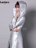 Spring Autumn Long Luxury Shiny Reflective Holographic Patent Pu Leather Trench Coat for Women European Fashion