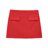 Red Solid Collar Short Sleeve Buttoned Top And Mini Skirt Set-Outfit