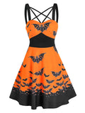 Dress Women Gothic Front Strappy Bat Print High Waist Mini Cami Dress Sleeveless Casual Dress