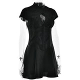 Short Sleeve Satin Hollow Out Mini Dress- Outfit