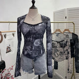Quality Explosion Fang Lace Splicing Tie-Dye Mesh Long Sleeve Tight Babes With Chest Pads Short Top