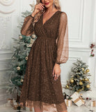 Zingj New V-Collar Elegant Slim Solid Color Stitching Mesh Perspective Sprinkling Powder Dress Female-Outfit