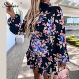 Navy Floral Print Loose Style Mini Dress Women Long Sleeve High Neck Party Dress Ladies Day Casual Clothes Spring