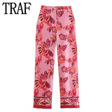 2023 Women Pants Sets Pink High Waist Pants For Women Vintage Print Woman Trousers Streetwear Casual Summer Women's