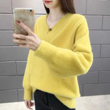 Mink Velvet V-neck Knitted Sweater Women Loose Here Simple Commuter Fashion Stretch Bottoming Sweater Pullover Femal