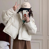 PU Leather Short White Duck Down Down Jacket Female 2024 Winter New Fashion Standing Collar Wash Loose Small Coat-Outfit