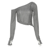 Autumn 2021 New Women's Solid-Color Fashion Slanted Shoulder Sexy Perspective Long-Sleeved T-Shirt In Wood